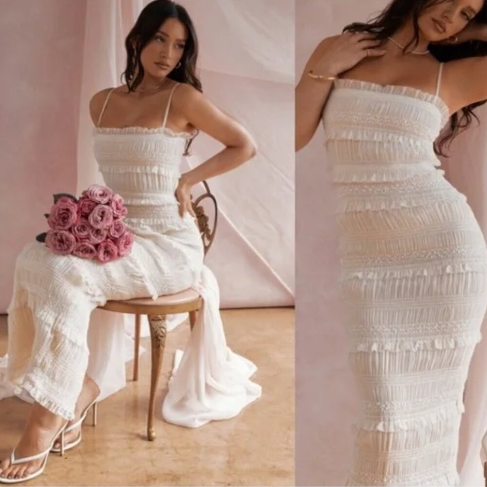 HOUSE OF CB‎ 'Solana' Ivory Sequin Pleat Maxi Dress white NWT size Small